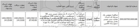 مناقصه، مناقصه عمومی یک مرحله ای احداث مخازن بتنی زمینی بخش پیشخور شهرستان فامنین