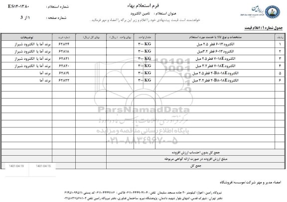 استعلام تامین الکترود