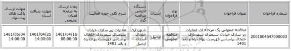 مناقصه، مناقصه عمومی یک مرحله ای عملیات زیر سازی خیابان سیمتری  شهرداری خلخال  براساس فهرست بهای راه و باند 1401