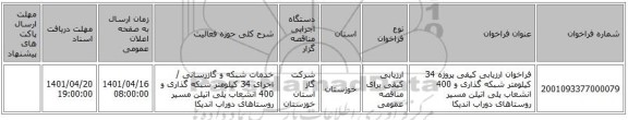 مناقصه، فراخوان ارزیابی کیفی پروژه 34 کیلومتر شبکه گذاری و 400 انشعاب پلی اتیلن مسیر روستاهای دوراب اندیکا