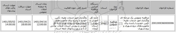 مناقصه، مناقصه عمومی یک مرحله ای واگذاری امور خدمات نقلیه، تأمین خودرو با راننده برای مأموریت‌های درون‌شهری و برون‌شهری