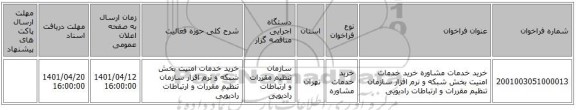 مناقصه، خرید خدمات مشاوره خرید خدمات امنیت بخش شبکه و نرم افزار سازمان تنظیم مقررات و ارتباطات رادیویی