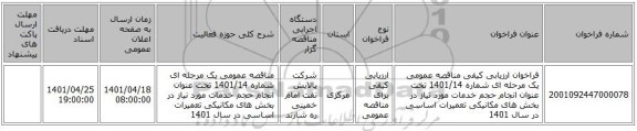 مناقصه، فراخوان ارزیابی کیفی مناقصه عمومی یک مرحله ای شماره 1401/14 تحت عنوان انجام حجم خدمات مورد نیاز در بخش های مکانیکی تعمیرات اساسی در سال 1401