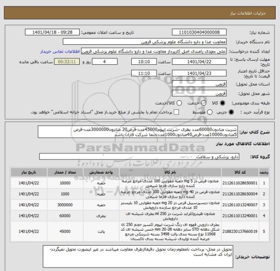 استعلام شربت متادون60000عدد بطری -شربت اپیوم45000عدد-قرص20 متادون3000000عدد-قرص 5متادون10000عدد-قرص40متادون1000عددحتما شرکت فاران باشد