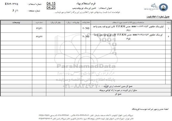 استعلام تامین اورینگ توربوفیدپمپ 