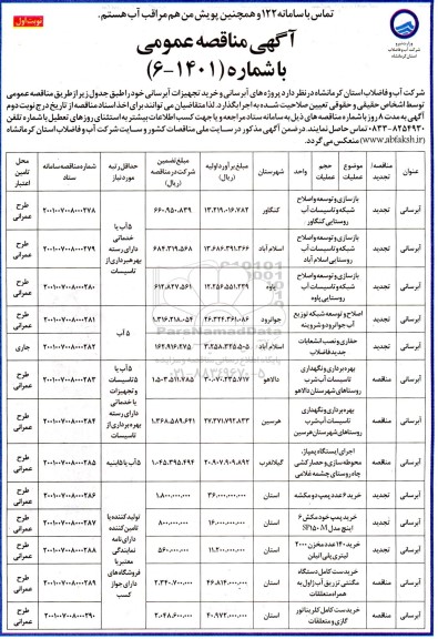 مناقصه بازسازی و  توسعه و اصلاح شبکه و تاسیسات آب روستایی کنگاور...