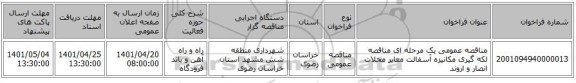 مناقصه، مناقصه عمومی یک مرحله ای مناقصه لکه گیری مکانیزه آسفالت معابر محلات انصار و اروند