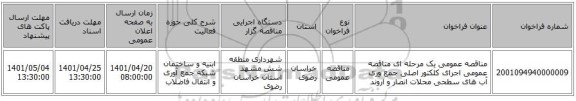 مناقصه، مناقصه عمومی یک مرحله ای مناقصه عمومی اجرای کلکتور اصلی جمع وری آب های سطحی محلات انصار و اروند