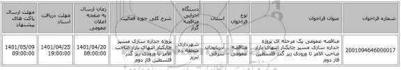 مناقصه، مناقصه عمومی یک مرحله ای پروژه جداره سازی مسیر چایکنار انتهای بازار صاحب الامر تا ورودی زیر گذر فلسطین فاز دوم