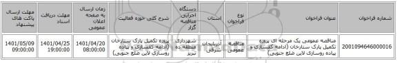 مناقصه، مناقصه عمومی یک مرحله ای پروزه تکمیل پارک ستارخان (ادامه کفسازی و پیاده روسازی لاین ضلع جنوبی)