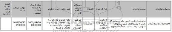 مناقصه، فراخوان ارزیابی کیفی ارائه خدمات گاز بانی به روستاهای شهرستانهای شوش ، باوی ،دشت آزادگان و هویزه