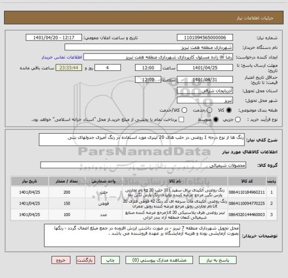 استعلام رنگ ها از نوع درجه 1 روغنی در حلب های 20 لیتری مورد استفاده در رنگ آمیزی جدولهای بتنی