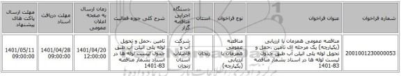 مناقصه، مناقصه عمومی همزمان با ارزیابی (یکپارچه) یک مرحله ای تامین ،حمل و تحویل لوله پلی اتیلن آب طبق جدول لیست لوله ها در اسناد بشمار مناقصه 83-1401