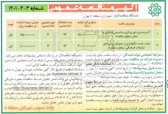 مناقصه آذین بندی و نورپردازی مناسبتی میادین و معابر ...