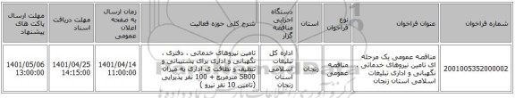 مناقصه، مناقصه عمومی یک مرحله ای تامین نیروهای خدماتی ، نگهبانی و اداری تبلیغات اسلامی استان زنجان