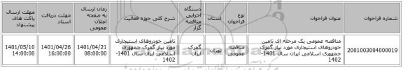 مناقصه، مناقصه عمومی یک مرحله ای تامین خودروهای استیجاری مورد نیاز گمرک جمهوری اسلامی ایران سال 1401-1402