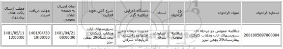 مناقصه، مناقصه عمومی دو مرحله ای سرویسهای ایاب وذهاب  کارکنان بیمارستان29 بهمن تبریز