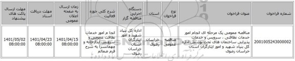 مناقصه، مناقصه عمومی یک مرحله ای انجام امور خدمات نظافتی ، سرویس و خدمات پذیرایی ساختمان های تحت پوشش اداره کل بنیاد شهید و امور ایثارگران استان خراسان رضوی