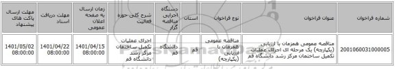 مناقصه، مناقصه عمومی همزمان با ارزیابی (یکپارچه) یک مرحله ای اجرای عملیات تکمیل ساختمان مرکز رشد دانشگاه قم