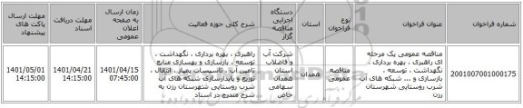 مناقصه، مناقصه عمومی یک مرحله ای راهبری ، بهره برداری ، نگهداشت ، توسعه ، بازسازی و ... شبکه های آب شرب روستایی شهرستان رزن