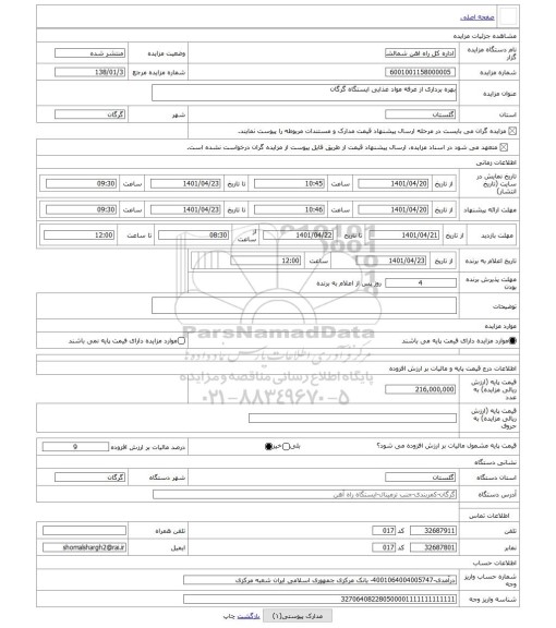 مزایده ، بهره برداری از غرفه مواد غذایی ایستگاه گرگان