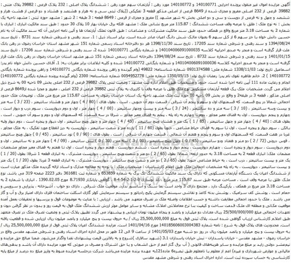 آگهی مزایده ششدانگ پلاک اصلی : 232 پلاک فرعی : 39882 پلاک متنی : 39882 فرعی از 232 اصلی مفروز 