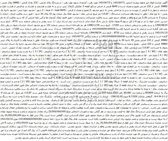 آگهی مزایده آپارتمان سهم مورد رهن : ششدانگ پلاک اصلی : 232 پلاک فرعی : 39882 پلاک متنی : 39882 فرعی از 232 اصلی مفروز 