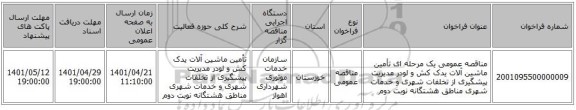 مناقصه، مناقصه عمومی یک مرحله ای تأمین ماشین آلات یدک کش و لودر مدیریت پیشگیری از تخلفات شهری و خدمات شهری مناطق هشتگانه نوبت دوم