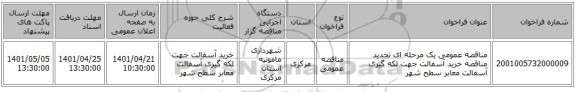 مناقصه، مناقصه عمومی یک مرحله ای تجدید مناقصه خرید آسفالت جهت لکه گیری آسفالت معابر سطح شهر