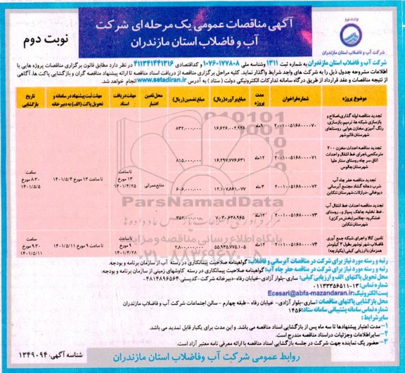 تجدید مناقصه لوله گذاری ،اصلاح و بازسازی شبکه ها...- نوبت دوم