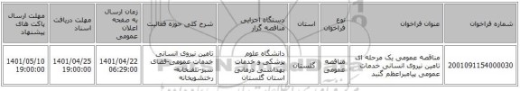 مناقصه، مناقصه عمومی یک مرحله ای تامین نیروی انسانی خدمات عمومی پیامبراعظم گنبد