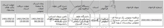 مناقصه، مناقصه عمومی یک مرحله ای تامین نیروی انسانی خدمات عمومی بیمارستان شهدا گنبد