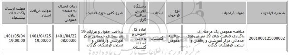 مناقصه، مناقصه عمومی یک مرحله ای واگذاری فعالیت های 19 نفر نیروهای خدماتی مرکز آموزشی و رفاهی و استخر فرهنگیان گرگان