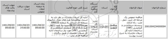 مناقصه، مناقصه عمومی یک مرحله ای خرید، حمل ، نصب ، راه اندازی سیستم سرمایشی و گرمایشی  (VRF) ساختمان اداره کل شیلات مازندران به شرح لیست پیوست