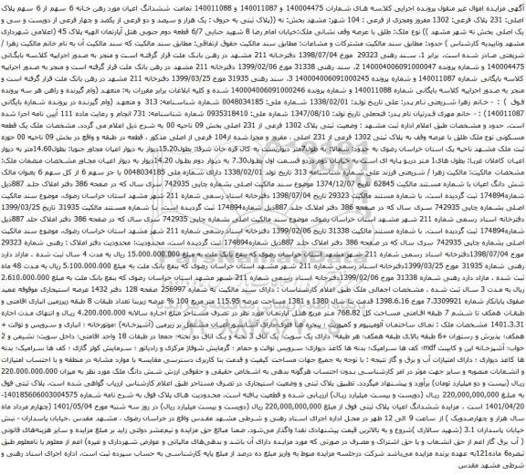 آگهی مزایده ششدانگ اعیان مورد رهن خانه 6 سهم از 6 سهم پلاک اصلی: 231 پلاک فرعی: 1302 مفروز ومجزی