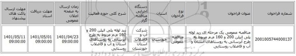 مناقصه، مناقصه عمومی یک مرحله ای رید لوله پلی اتیلن 200 و 160 م.م مربوط به طرح آبرسانی به روستاهای استان و آب و فاضلاب روستایی