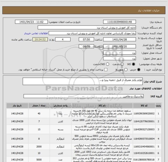 استعلام لوازم یکبار مصرف از قبیل :جعبه پیتزا و...