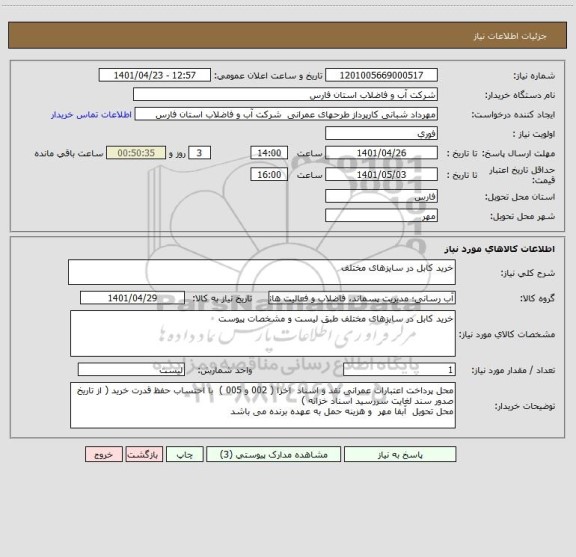 استعلام خرید کابل در سایزهای مختلف