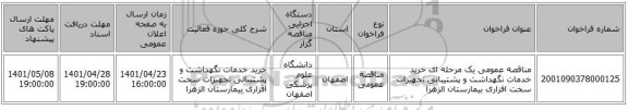 مناقصه، مناقصه عمومی یک مرحله ای خرید خدمات نگهداشت و پشتیبانی تجهیزات سخت افزاری بیمارستان الزهرا