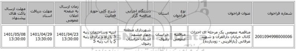 مناقصه، مناقصه عمومی یک مرحله ای احداث کانال خیابان دارالقرآن و شهید عرفانی (بازآفرینی - زودبازده)