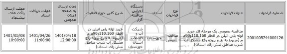 مناقصه، مناقصه عمومی یک مرحله ای خرید لوله پلی اتیلن در اقطار 110،160و90م م (مربوط به طرح پروژه رفع مشکل آب شرب مناطق تنش زای استان)