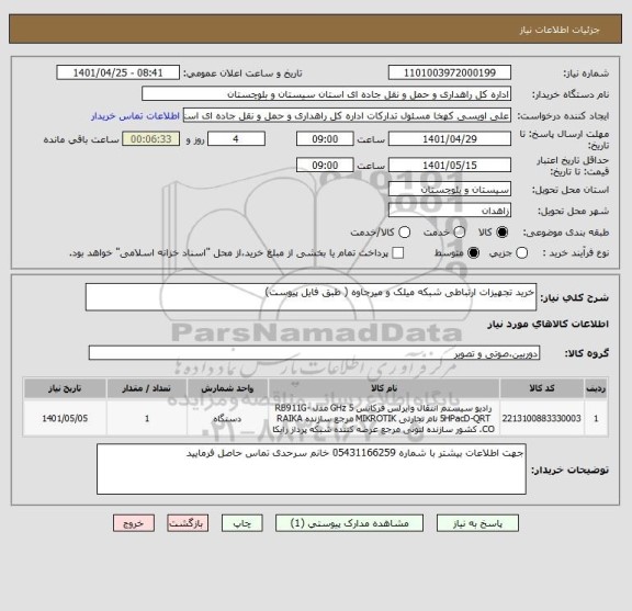 استعلام خرید تجهیزات ارتباطی شبکه میلک و میرجاوه ( طبق فایل پیوست)