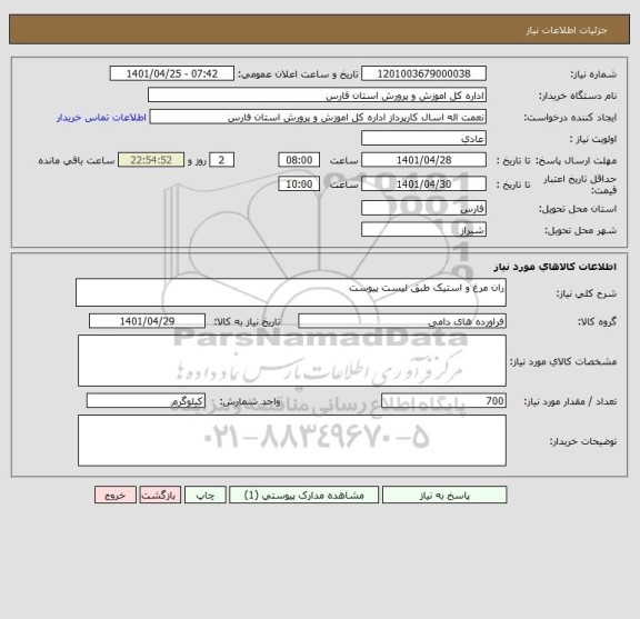 استعلام ران مرغ و استیک طبق لیست پیوست