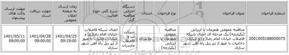 مناقصه، مناقصه عمومی همزمان با ارزیابی (یکپارچه) یک مرحله ای اتصال شبکه فاضلاب خیابان امام رضا(ع) و خیابان دخانیات با عبور از زیر ریل راه آهن شهر ساری