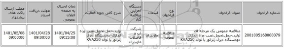 مناقصه، مناقصه عمومی یک مرحله ای تولید،حمل،تحویل،نصب وراه اندازی دودستگاه دیزل ژنراتور با توان KVA250