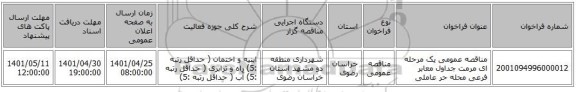 مناقصه، مناقصه عمومی یک مرحله ای مرمت جداول معابر فرعی محله حر عاملی