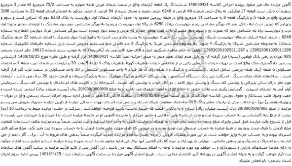 آگهی مزایده ششدانگ یک قطعه آپارتمان واقع در سمت شمال غربی طبقه چهارم به مساحت 75/2 مترمربع