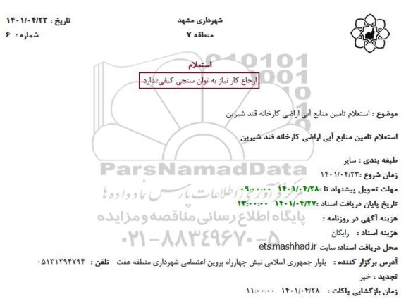 استعلام تامین منابع آبی اراضی کارخانه قند شیرین