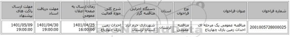 مناقصه، مناقصه عمومی یک مرحله ای احداث زمین بازی چهارباغ