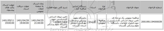 مناقصه، مناقصه عمومی یک مرحله ای تامین نیروی انسانی کارشناسی حوزه فناوری اطلاعات دانشگاه علوم پزشکی گلستان